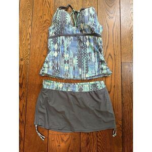 Free Country Women Takini Skort Size L Spearmint Cloud Grey UPF+ 2 Pc. Swim Set
